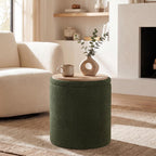 Joveco 14.5" Small Ottoman with Storage, Teddy Velvet Foot Rest Stool with Reversible Wood Tray Lid, Round Storage Ottoman Coffee Table, Vanity Stool for Living Room, Olive Green