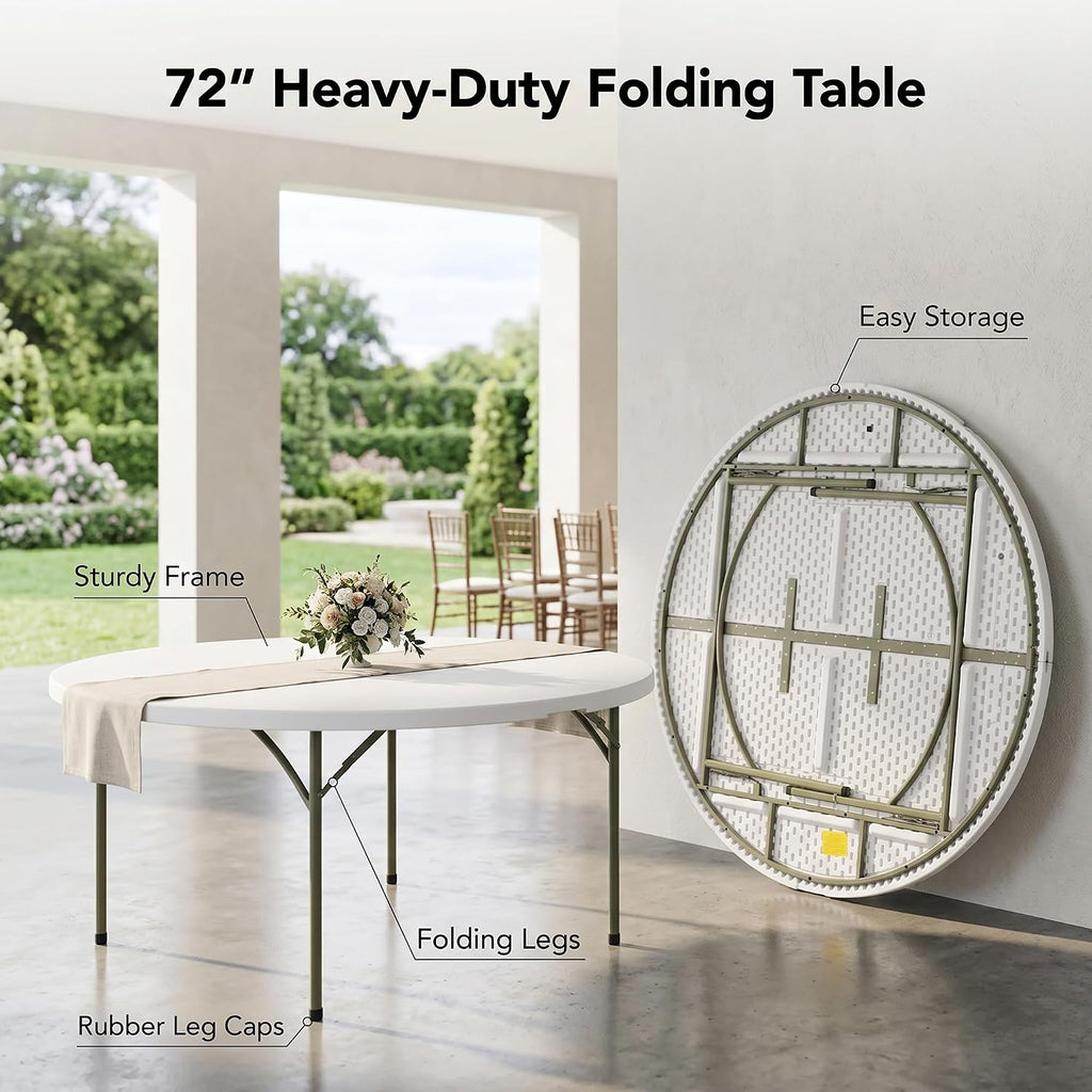 6-Pack 72-Inch Round Plastic Folding Tables, Bulk 6ft Heavy-Duty Commercial Grade Banquet Tables for Events & Weddings, Granite White with Sage Gray Legs