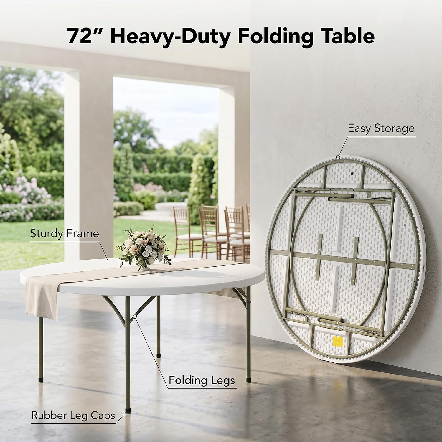 6-Pack 72-Inch Round Plastic Folding Tables, Bulk 6ft Heavy-Duty Commercial Grade Banquet Tables for Events & Weddings, Granite White with Sage Gray Legs