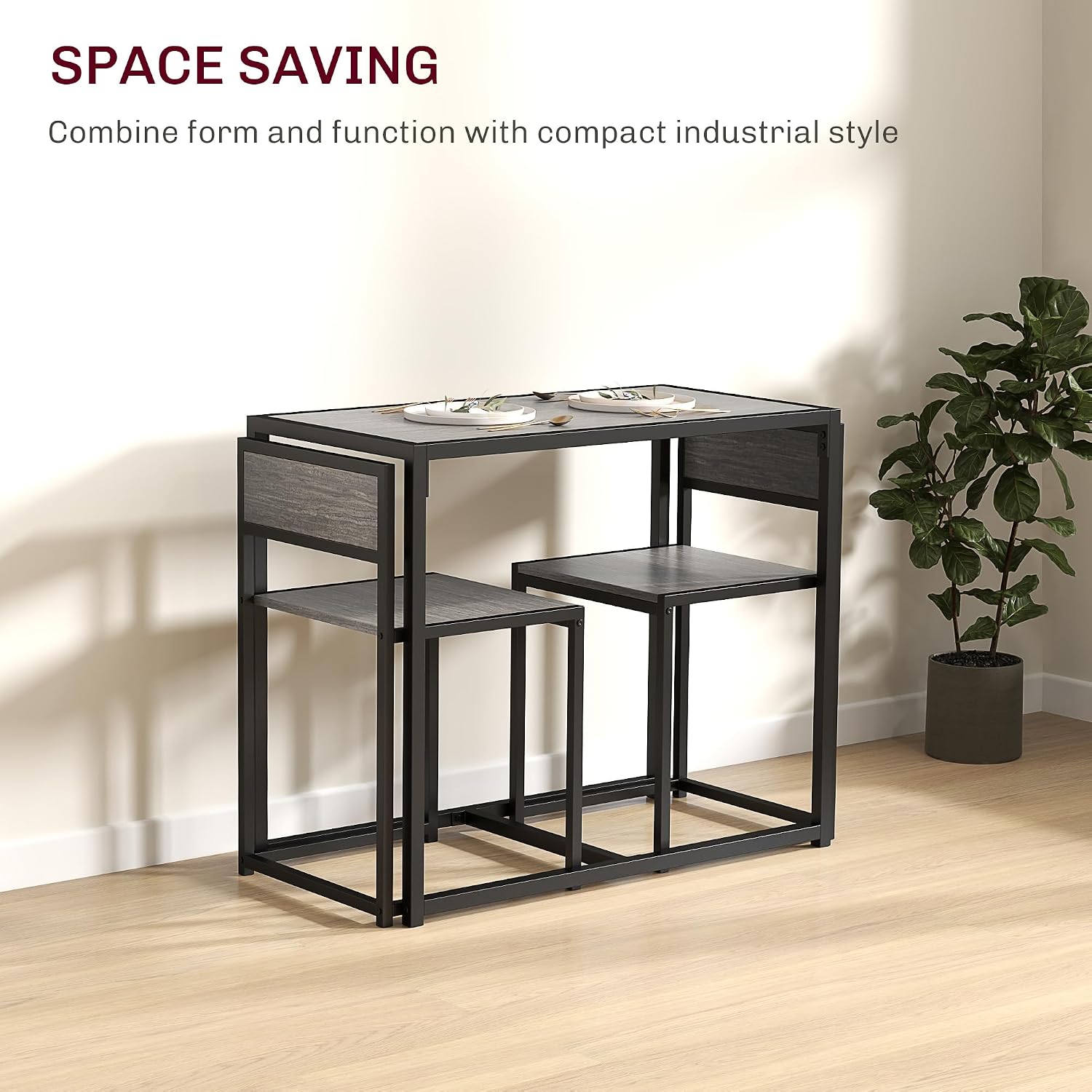 HOMCOM Dining Table Set for 2 for Small Space Room Grey | Kitchen Table and Chairs, Industrial Dining Set, Breakfast Nook