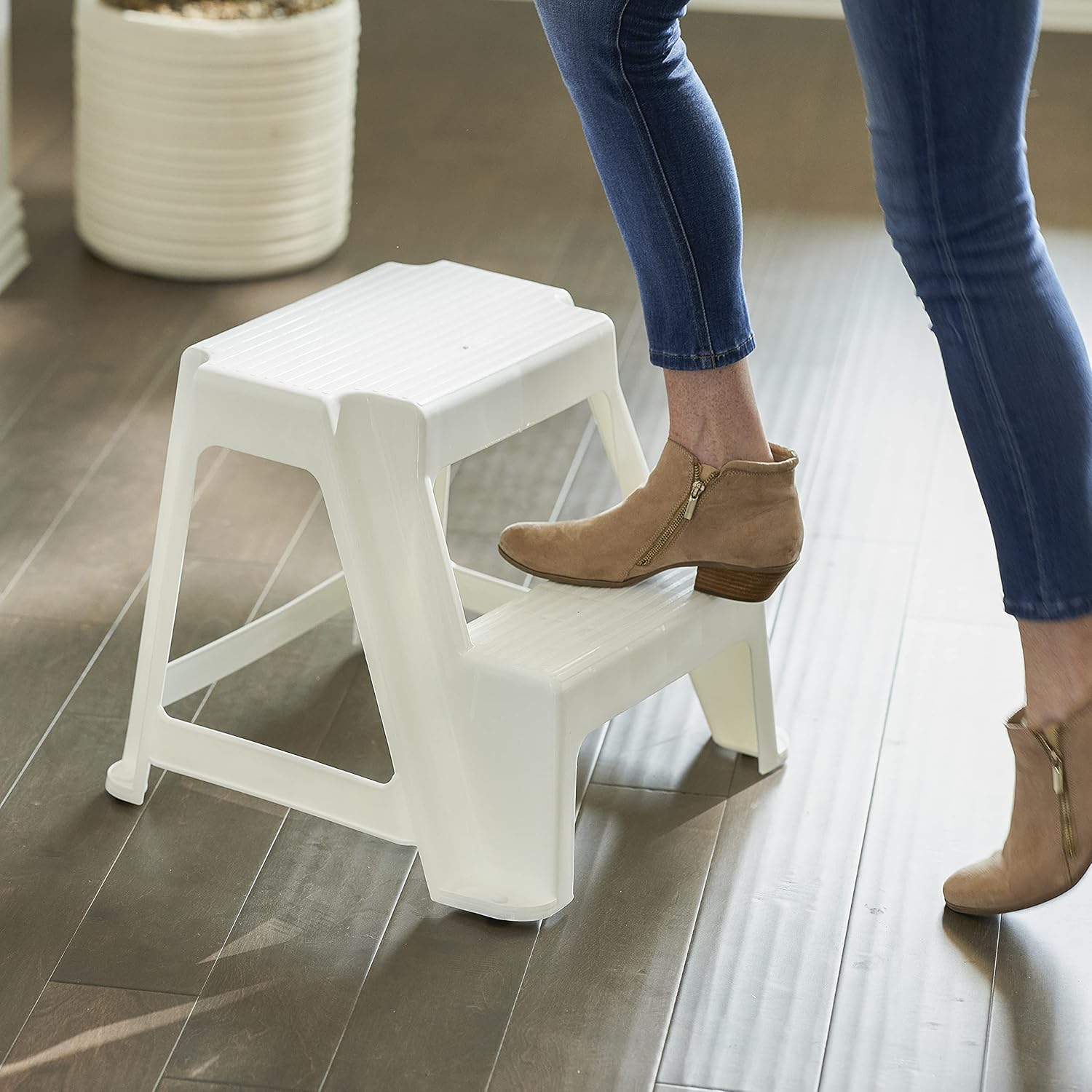 Gracious Living 2-Step Plastic Stool, 300 Lb Capacity, White | Portable Step Stool for Dorm, Home, Classroom & Office, 18"L x 18.75"W x 16"H