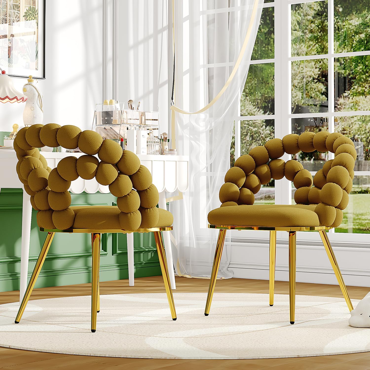 TesNus Velvet Dining Chairs Set of 2, Mustard Yellow Upholstered Velvet Chairs with Gold Metal Legs, Modern Armchairs with Curved Backrest for Dining Room, Living Room, or Makeup Vanity