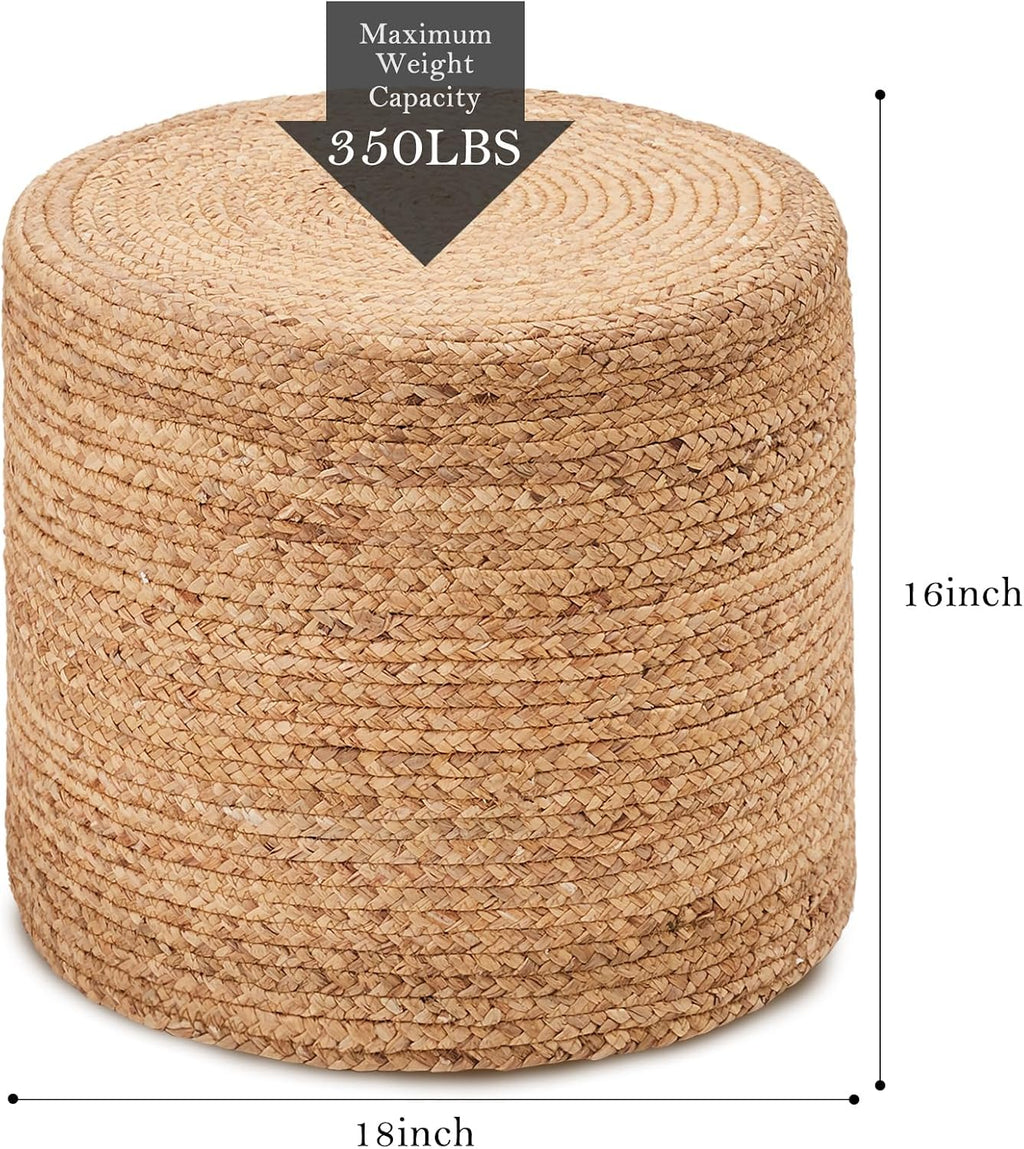 Wimarsbon 2Pcs Pouf Ottomans, Natural Seagrass Foot Stool, Hand Weaving Round Ottoman, Boho Decorative Seat, Jute Braided Pouffe Poof Accent Sitting Footrest (18inch Natural Water Hyacinth Braid)