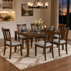 7-Piece Dining Table Set, Counter Height Kitchen Set with Rectangular Table & 6 Slatted Backrest Upholstered Chairs, Farmhouse Dining Room Furniture, Wooden Table & Chair for Home, Walnut