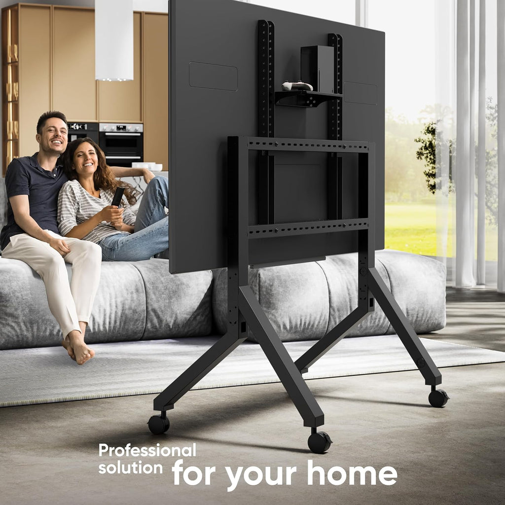ONKRON Mobile TV Stand 70-110 Inch, up to 266 lbs, max VESA 1000x800, Black | TV rolling cart with 9.9 lb shelf, cable channels, locking wheels, wide base; for universities, offices & trade show events