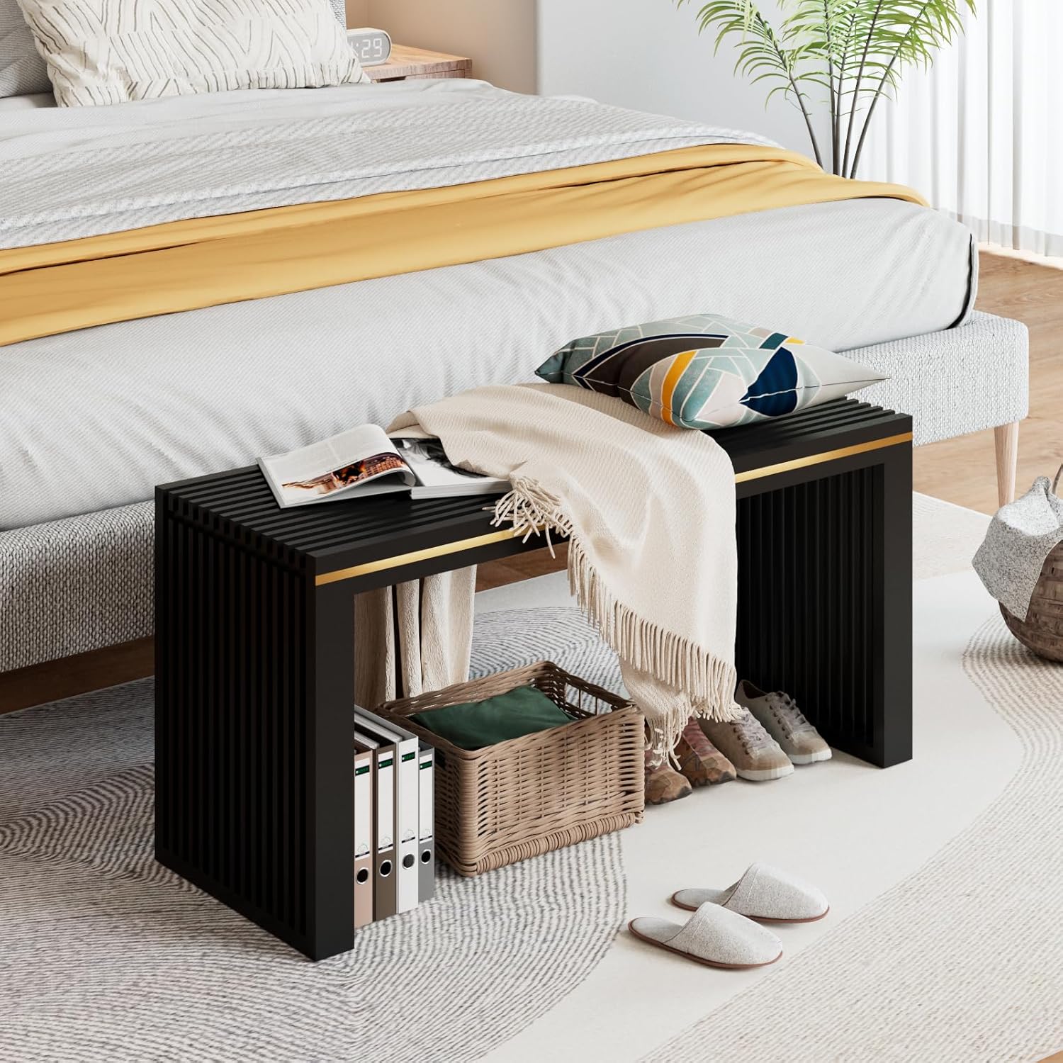 APRTAT Bamboo Dining Bench Indoor Long Entryway Shoe Rack Benchs,Outdoor Modern Wood Benches 35 Inch Bamboo Bench for Living Room Hallway Bedroom Bathroom