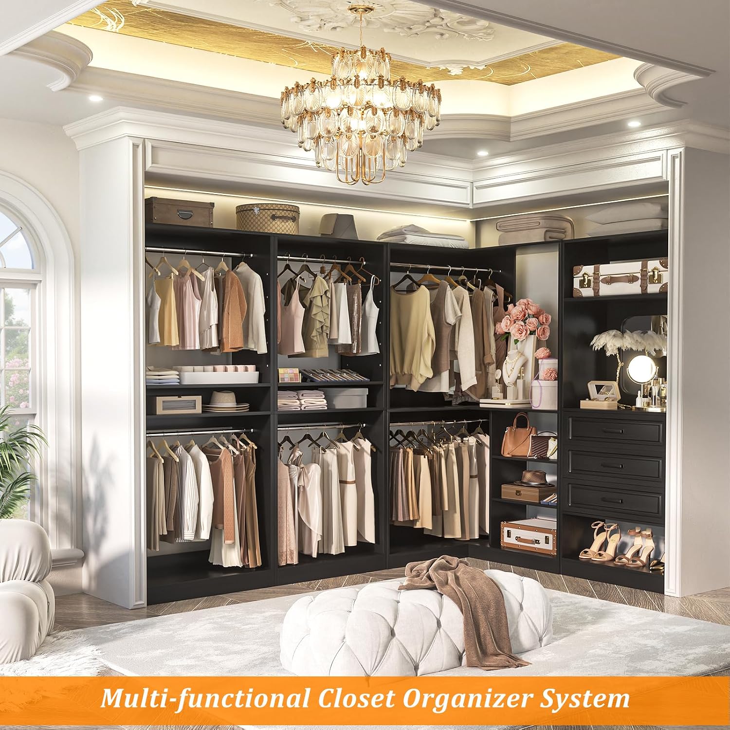 Unikito 86" Wood Modular Corner Closet System with Drawers & Mirror, Black | Freestanding wardrobe organizer with hanging rods and adjustable shelves, walk-in closet garment rack storage tower.