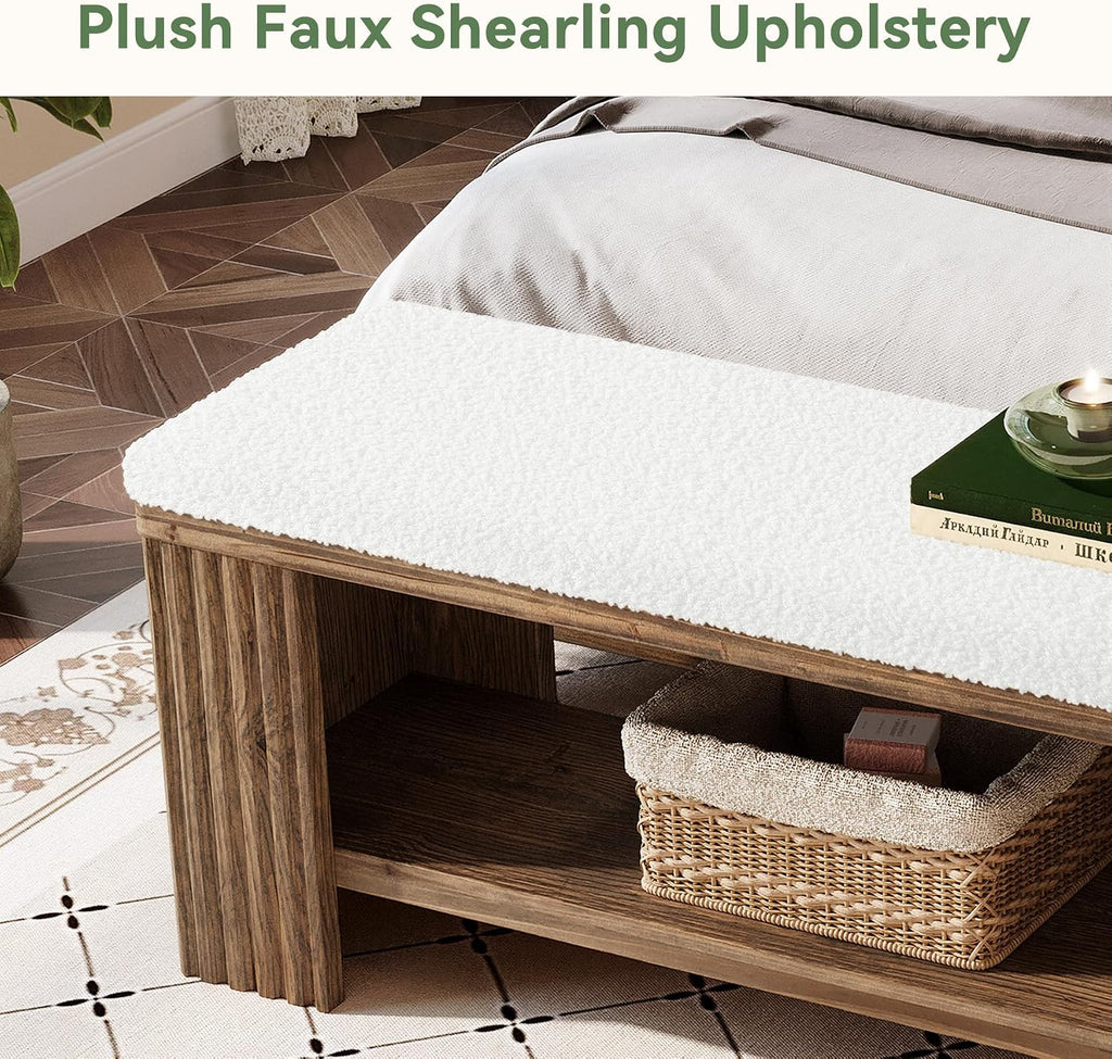 63" Solid Wood Entryway Bench, Farmhouse Upholstered End of Bed Bench with Removable Faux Lambswool Cushion and Fluted Legs, Indoor Long Ottoman for Bedroom, Entryway, Dark Brown