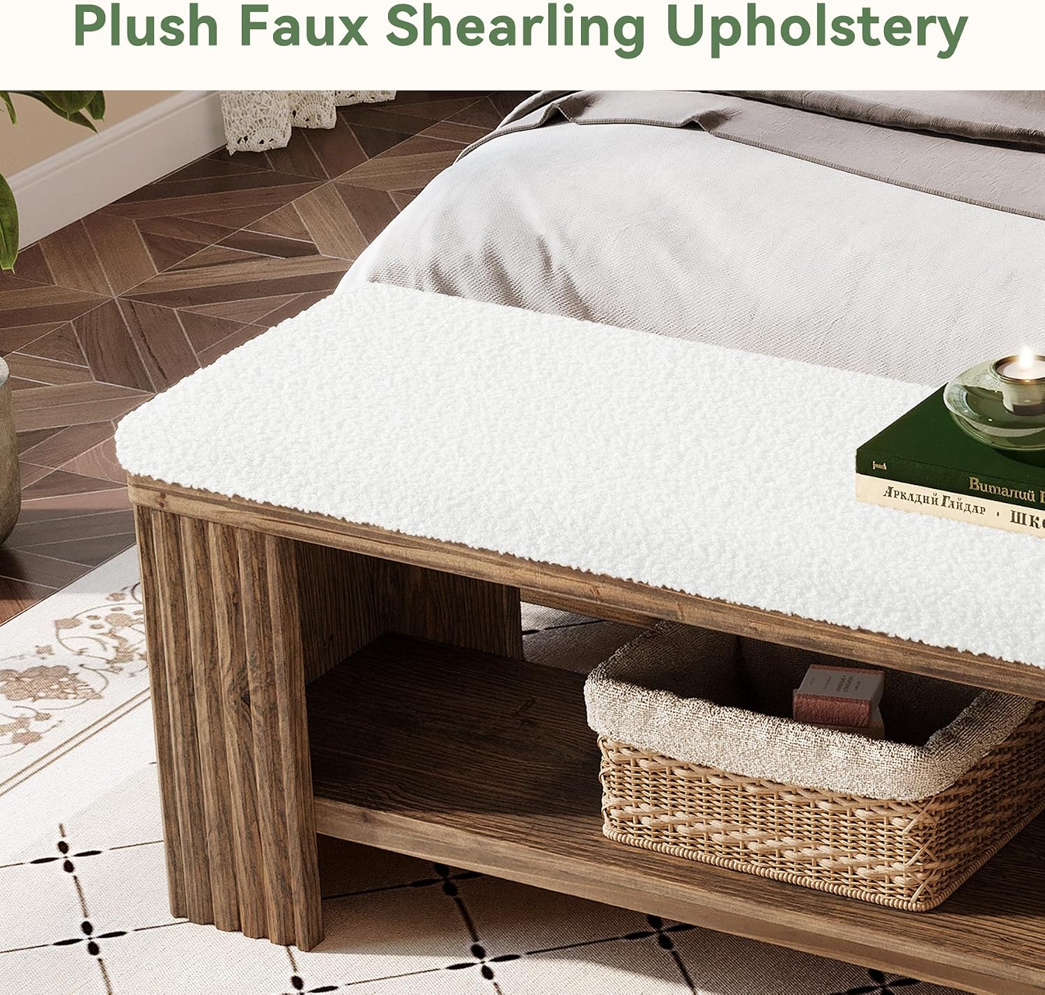 63" Solid Wood Entryway Bench, Farmhouse Upholstered End of Bed Bench with Removable Faux Lambswool Cushion and Fluted Legs, Indoor Long Ottoman for Bedroom, Entryway, Dark Brown