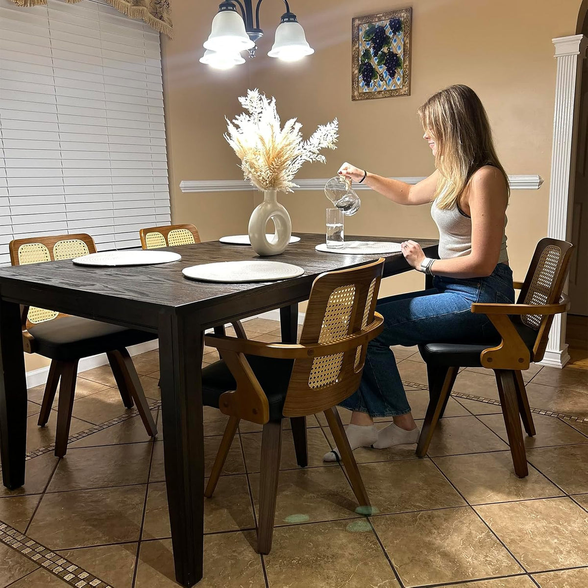 Walnut Dining Chairs - Swivel Rattan Dining Chairs with Bentwood Frame with Ergonomic Cane Back, Curved Arms, MCM Dining Chairs for Kitchen/Restaurant/Living Room/Conference (Walnut Brown, Set of 2)