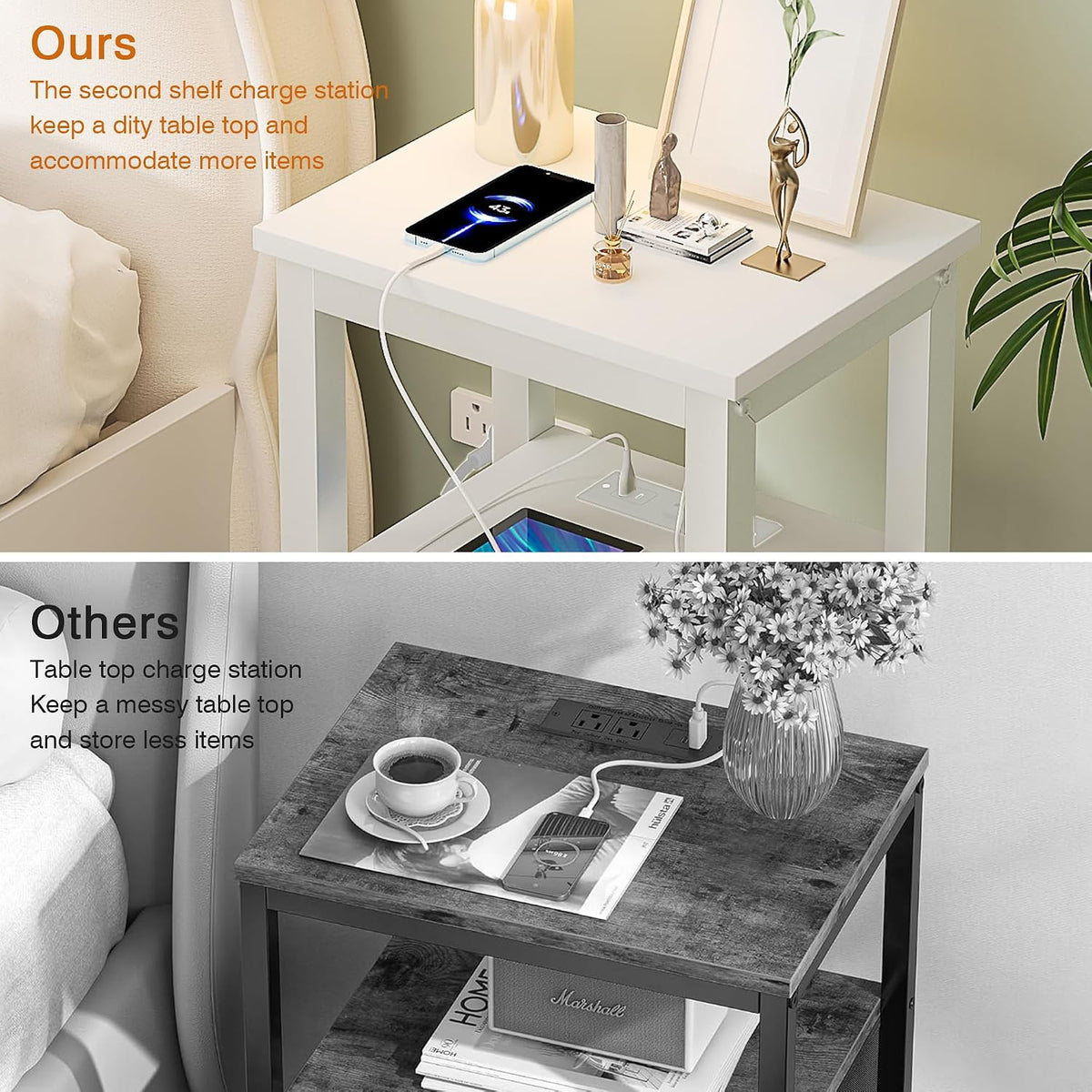 VECELO Modern Nightstands with Charging Station,Side End Table Night Stand with Storage Shelf for Small Spaces, Bedroom,Living Room
