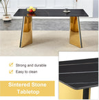 TesNus 7 Pieces Dining Table Set,63" Marble Kitchen Room Table with 6 Black Chairs,Rectangle Sintered Stone Top with Gold Legs,Large Dining Set for 6 Person for Kitchen Dining Room