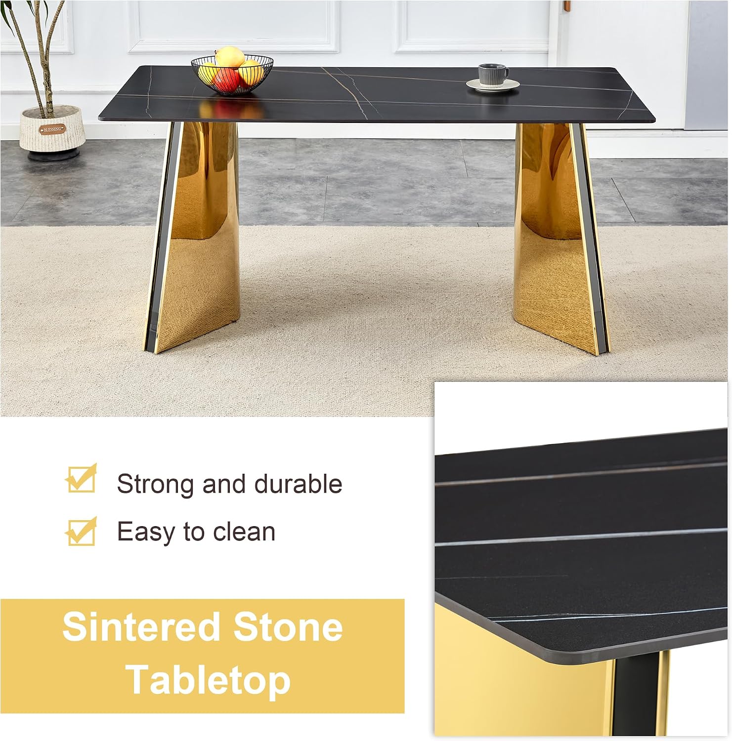 TesNus 7 Pieces Dining Table Set,63" Marble Kitchen Room Table with 6 Black Chairs,Rectangle Sintered Stone Top with Gold Legs,Large Dining Set for 6 Person for Kitchen Dining Room