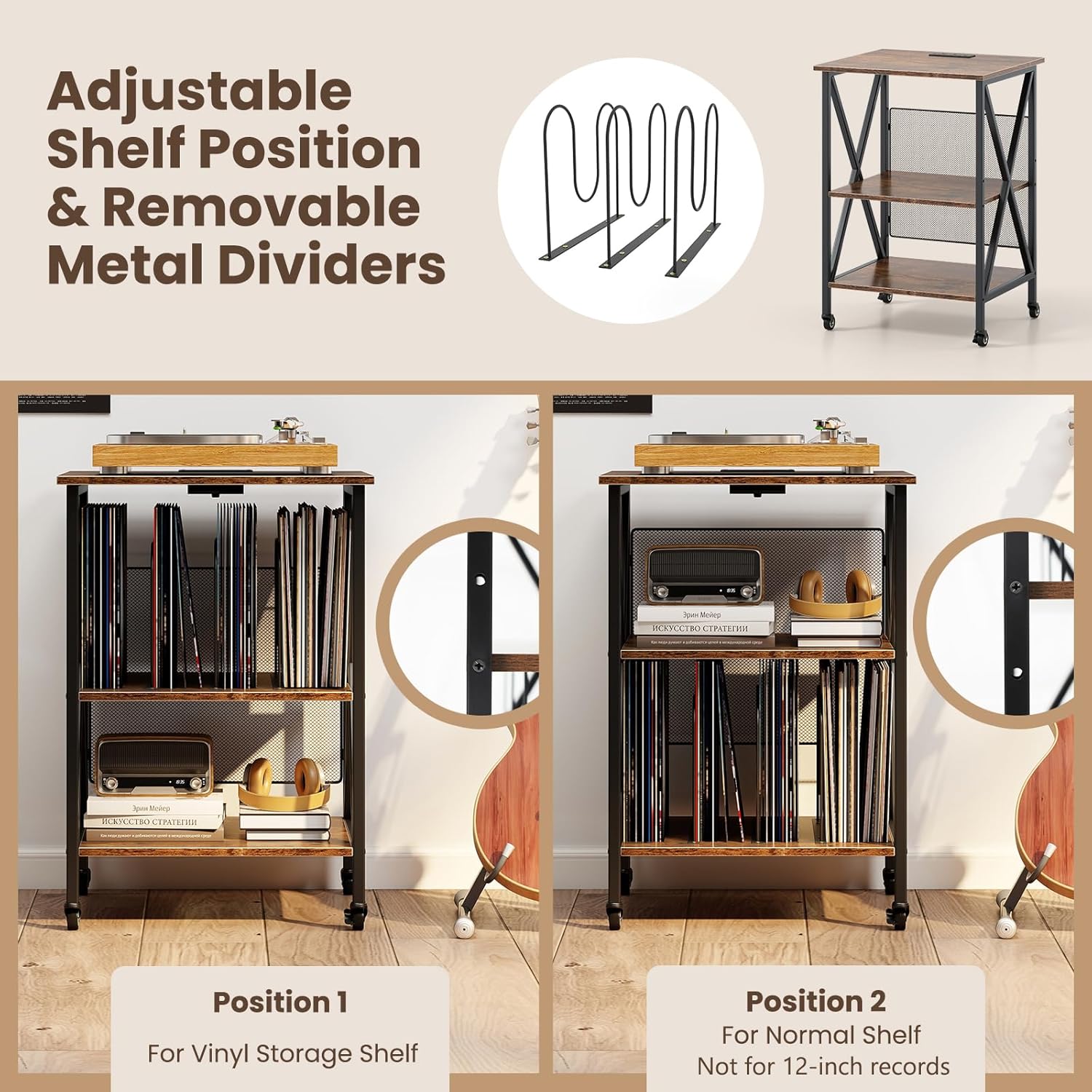 Giantex Record Player Stand with Charging Station, Turntable Stand with Record Storage & 4 Rolling Wheels, Vinyl Record Storage Table up to 250 Albums for Living Room, Bedroom (Dark Brown)
