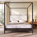 Merax Black Queen Size Canopy Bed Frame with Boucle Headboard and 4 Poster
