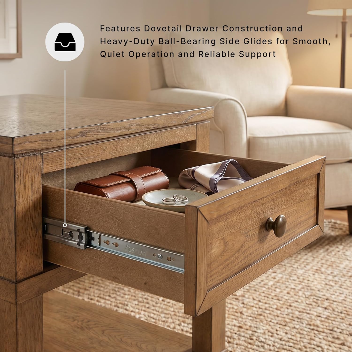 Signature Design by Ashley Sharlance End Table with Drawer, Built-in USB-A & USB-C Charging Ports, Hardwood and Hickory Veneer Side Table for Living Rooms, Light Brown, 20'' W x 26'' D x 24'' H