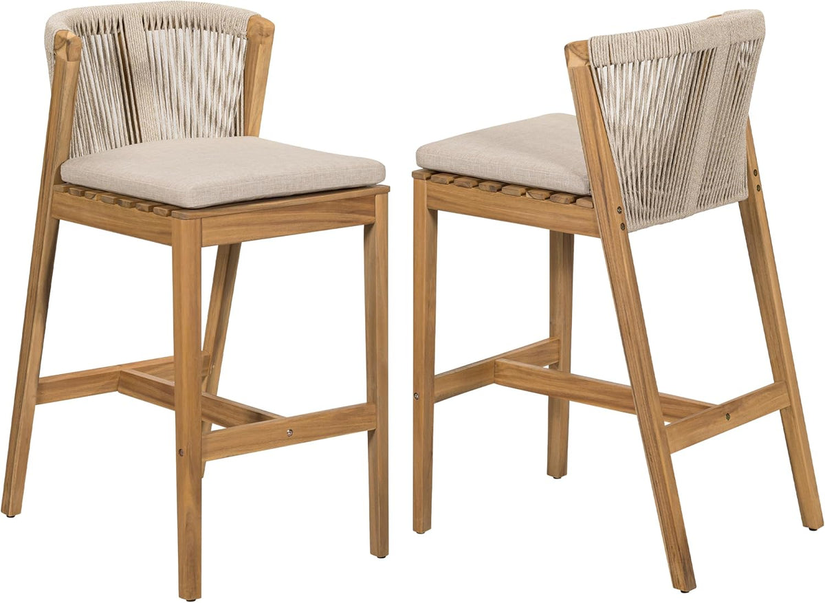 Christopher Knight Home Cuz Patio Barstool Set of 2, Outdoor Counter Height Stool with Sturdy Acacia Wood Frame and Rope Backrest, Bar Stool with Seat Cushion for Backyard Garden, Beige + Teak