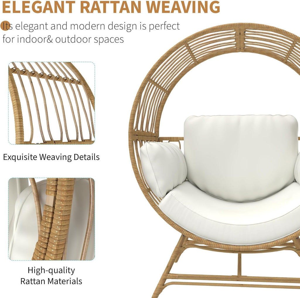 Fancyango Egg Chair Outdoor Indoor, Oversized Rattan Chair with Thicken Cushion, 350LBS Capacity Wicker Patio Lounge Chair, Basket Chair for Living Room Balcony Porch Backyard, Beige
