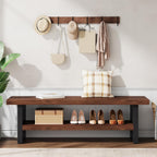 47" Solid Wood Entryway Bench with Shoe Storage, 2-Tier Modern Farmhouse Hallway Bench with Open Shelf for Bedroom, Dining Room, Mudroom, Easy Assembly, Dark Walnut & Black