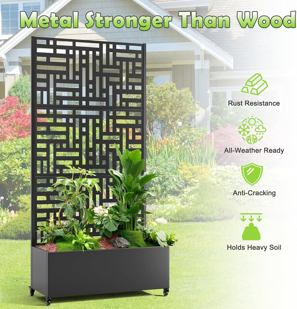 15.7"×70.9"×35.4" Metal Raised Garden Bed with Trellis and Wheels - Tall Trellis Planter Box for Climbing Plants, Vegetables & Vines - Outdoor Privacy Planters for Patio (Black-Helen)