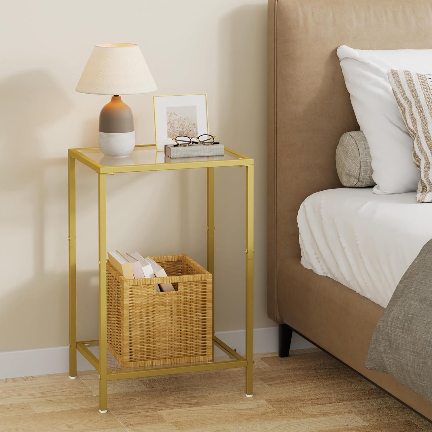 HOMSHO Side Tables Set of 2, End Tables with Tempered Glass, 2-Tier Nightstands with Storage Shelves, Coffee Table with Modern Style, Slim Sofa Table for Living Room, Bedroom, 11.8" D x 15" W, Gold
