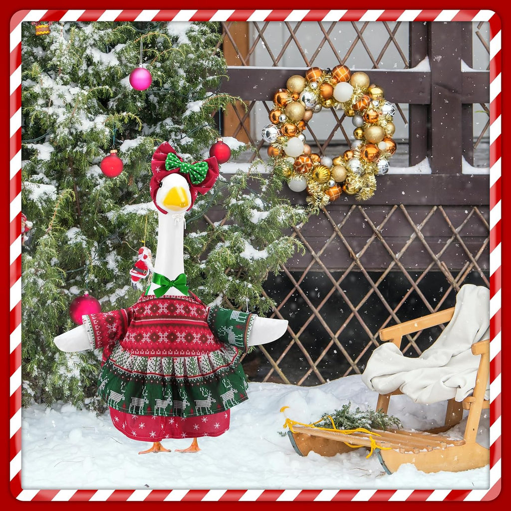 Christmas Porch Goose Outfits for 23 Inch Lawn Statue, Ugly Sweater Costume for Plastic/Cement Statue, Duck Sculpture Clothes for Xmas Winter Yard Patio Party Decoration