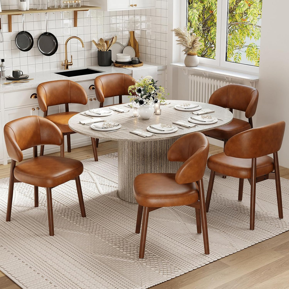 MALOL 47"-63" Extendable Round to Oval Dining Room Table Chairs Set for 4-8, Modern Wooden Kitchen Table and Chairs with Hidden Storage and Fluted Design for Dining Room/Small Space(White and Brown)