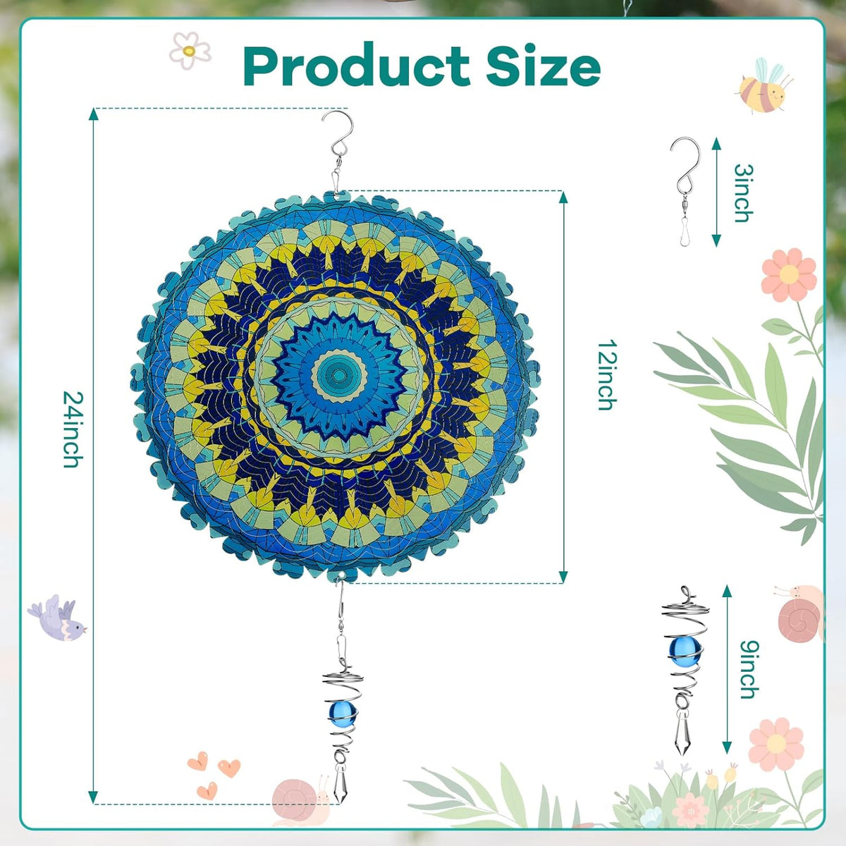 12 Inch Mandala Wind Spinners with Gazing Ball Spiral Tail, Outdoor 3D Stainless Steel Hanging Spinner Mandala Wind Catchers Sculpture for Indoor Outdoor Garden Yard Decoration(Blossom)