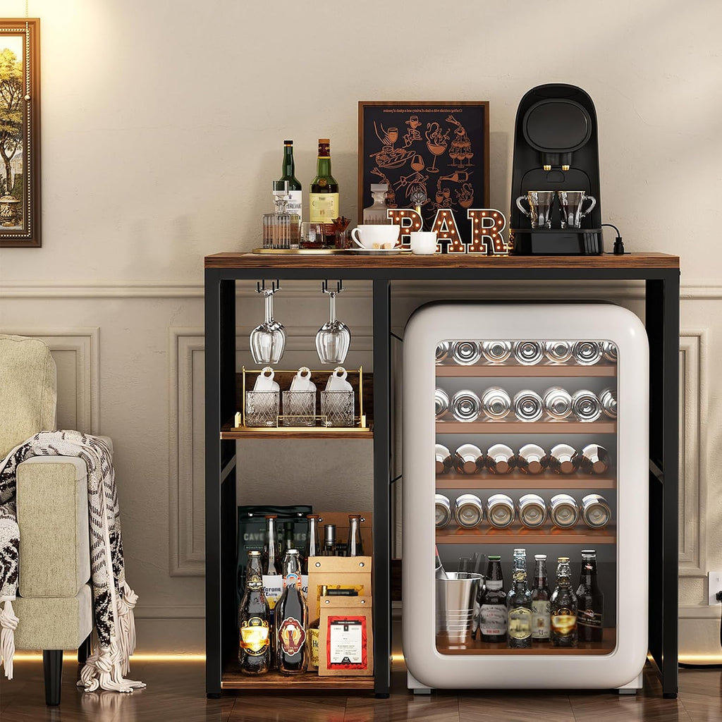 Homieasy Mini Fridge Cabinet with Power Outlet, Rustic Brown | Coffee Bar Cabinet with Mini Fridge Space, Industrial Liquor Cabinet with Wine Storage & Glass Holder for Dorm, Living Room