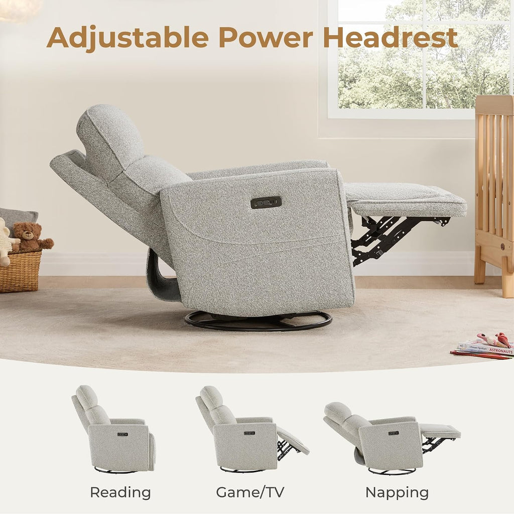CHITA Power Swivel Glider Recliner Chair with Power Headrest, Light Grey