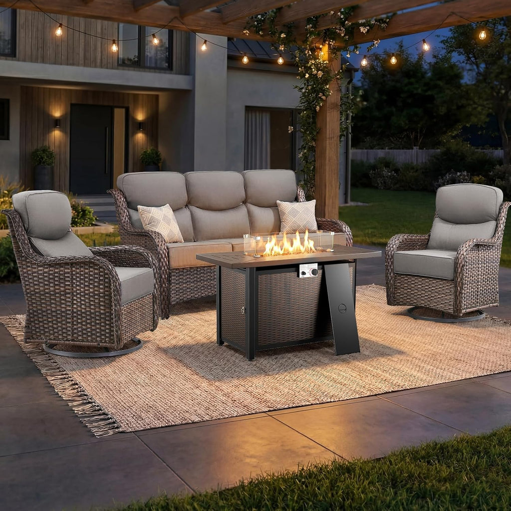 Luxury Swivel Rocker Chairs Fire Pit Table Set with 6" Thick Cushion 4 piece Wicker Outdoor Patio Chair with Sofa,Comfortable High Back Outdoor Patio Furniture Set - Brown | Gery