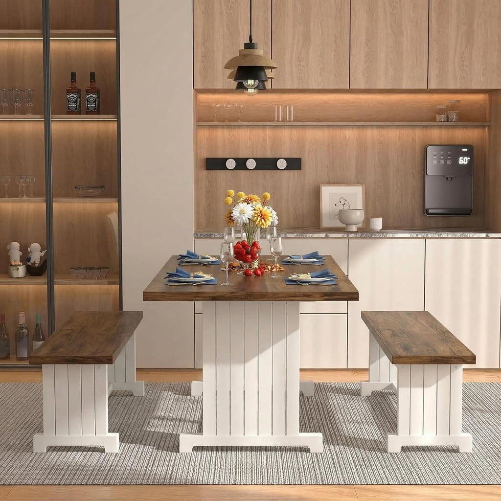 Tribesigns 47" Dining Table Set for 4, 3-Piece Kitchen Room Table with 2 Benches, Farmhouse Wood Dinner Furniture for Small Space, Home Living Room, White & Rustic Brown