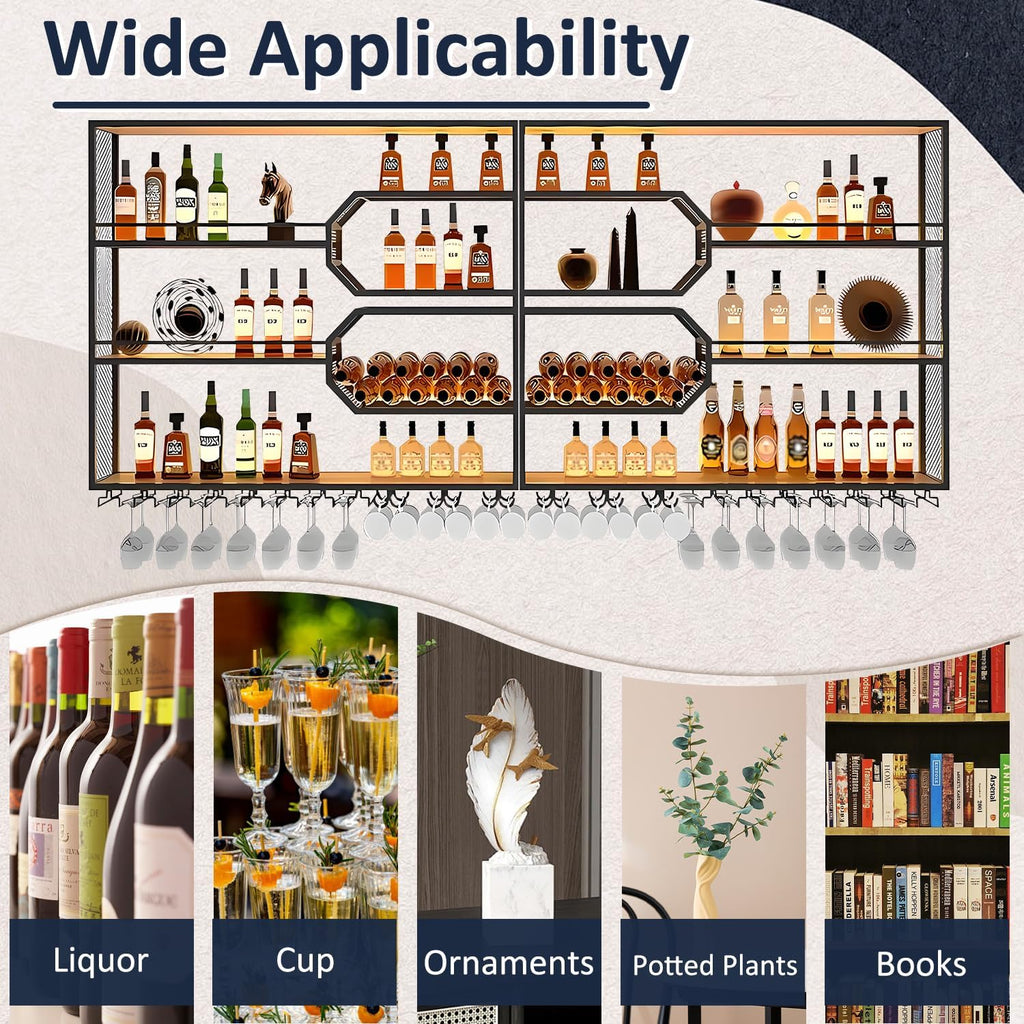 Large Liquor Shelf, Solid Wood Wall Mounted Wine Rack with Glass Holder & LED Light, 3-Tier Floating Bar Shelves, for Home Bar Kitchen, Living Room, Black,94 * 8 * 49in