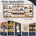 Large Liquor Shelf, Solid Wood Wall Mounted Wine Rack with Glass Holder & LED Light, 3-Tier Floating Bar Shelves, for Home Bar Kitchen, Living Room, Black,94 * 8 * 49in