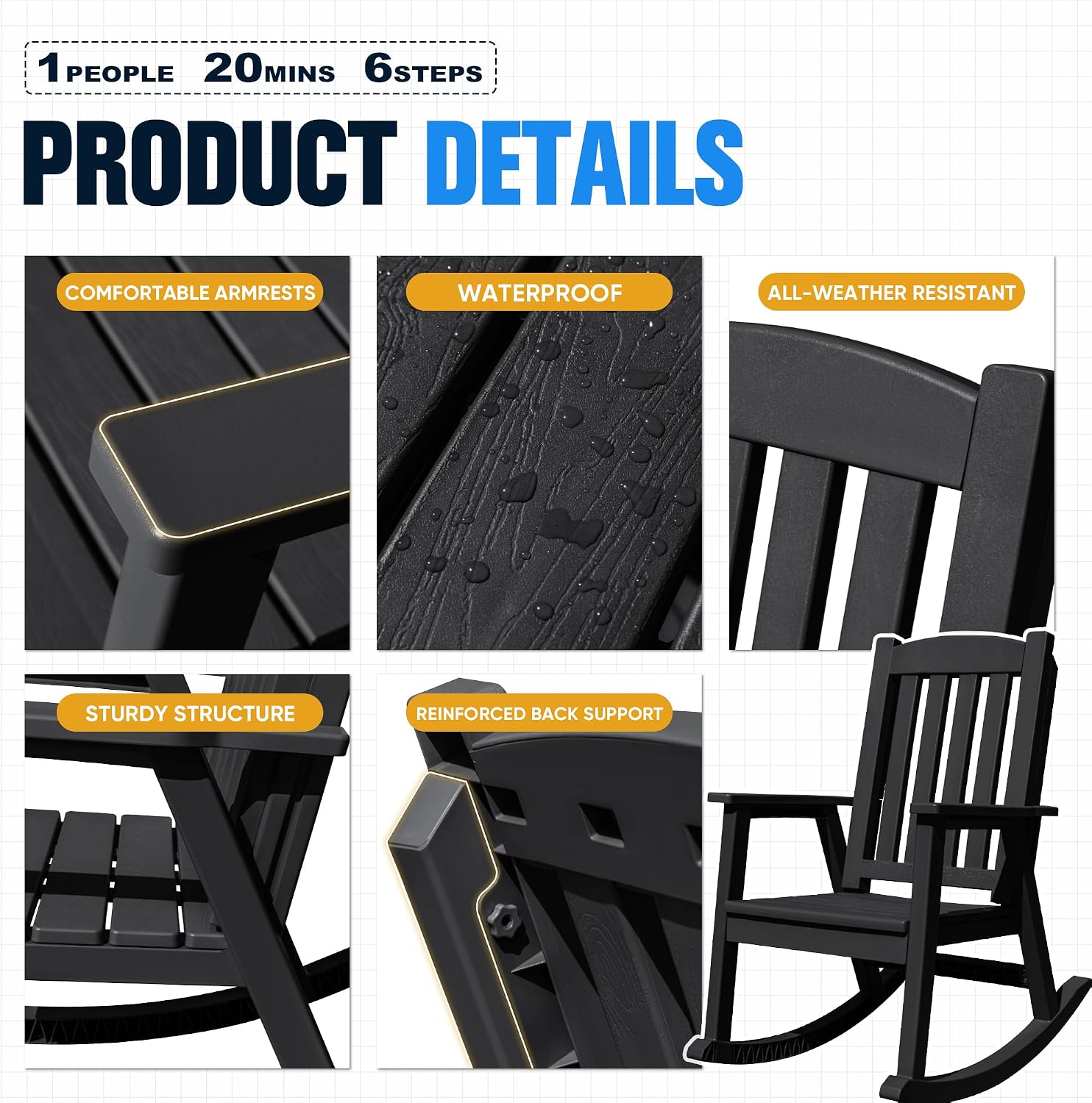 Devoko PP Material Rocking Chair Outdoor Indoor All Weather High Back Patio Rocker for Adult Heavy Duty Rocking Chair for Patio Backyard Porch Garden (Heavy Duty, Black)
