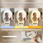 Small Vanity Desk with Mirror and Lights, Wooden Handles with Cushioned Stool, 3 Lighting Modes Round Makeup Table with Upgraded Silent Slides, Compact Vanity for Small Spaces, Natural Oak