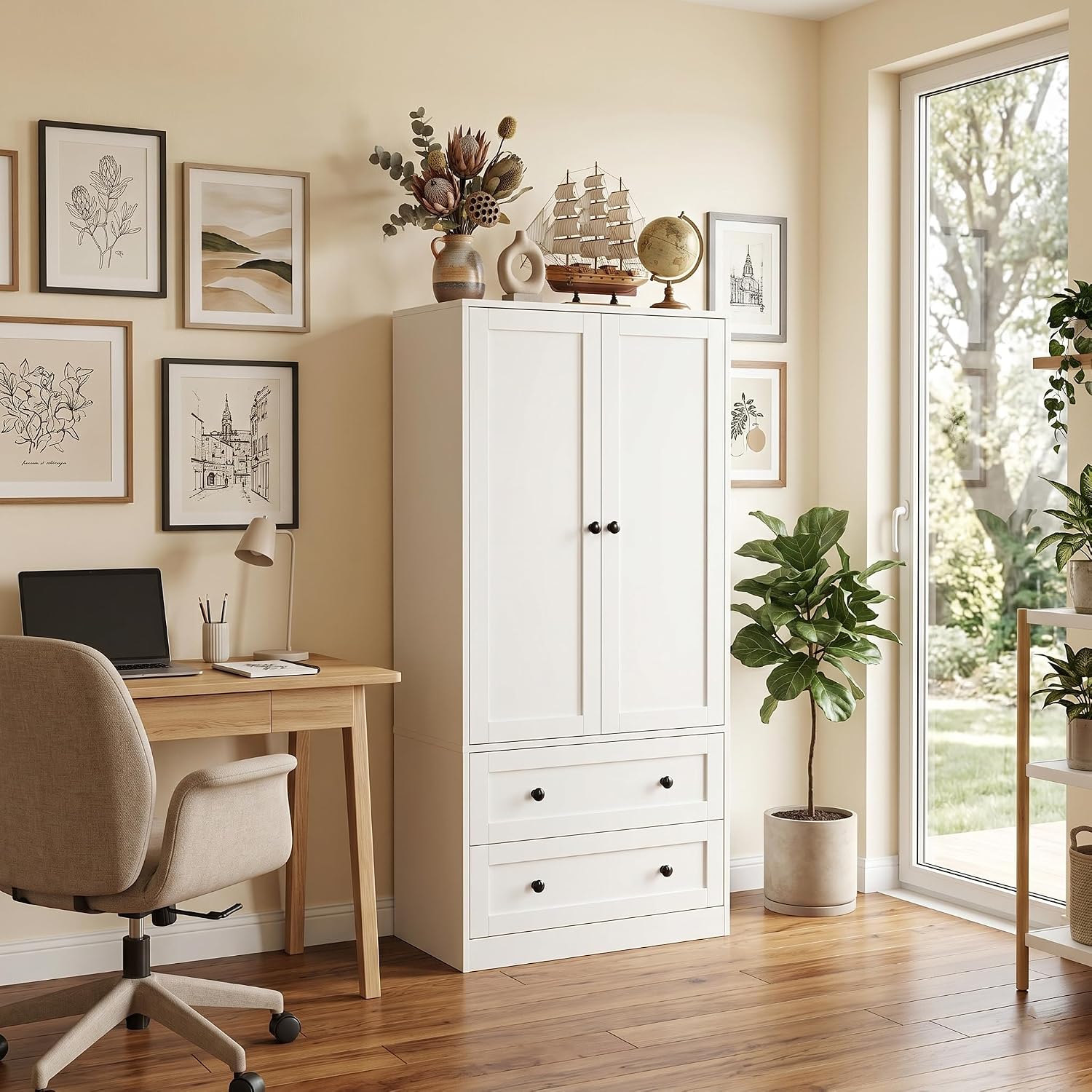 DIYART 64.2" Tall White Kitchen Pantry, Storage Cabinet with Doors and Drawers, Freestanding Wooden Organizer for Kitchen, Dining Room