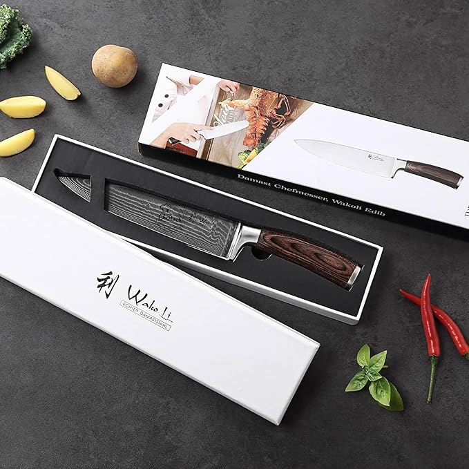 Wakoli 8-inch Damascus Chef Knife - 67-Layer VG10 Core Steel, Razor Sharp Professional Kitchen Knife with Ergonomic Pakkawood Handle, for Slicing, Dicing & All Cooking Tasks - Gift Box (EDIB)