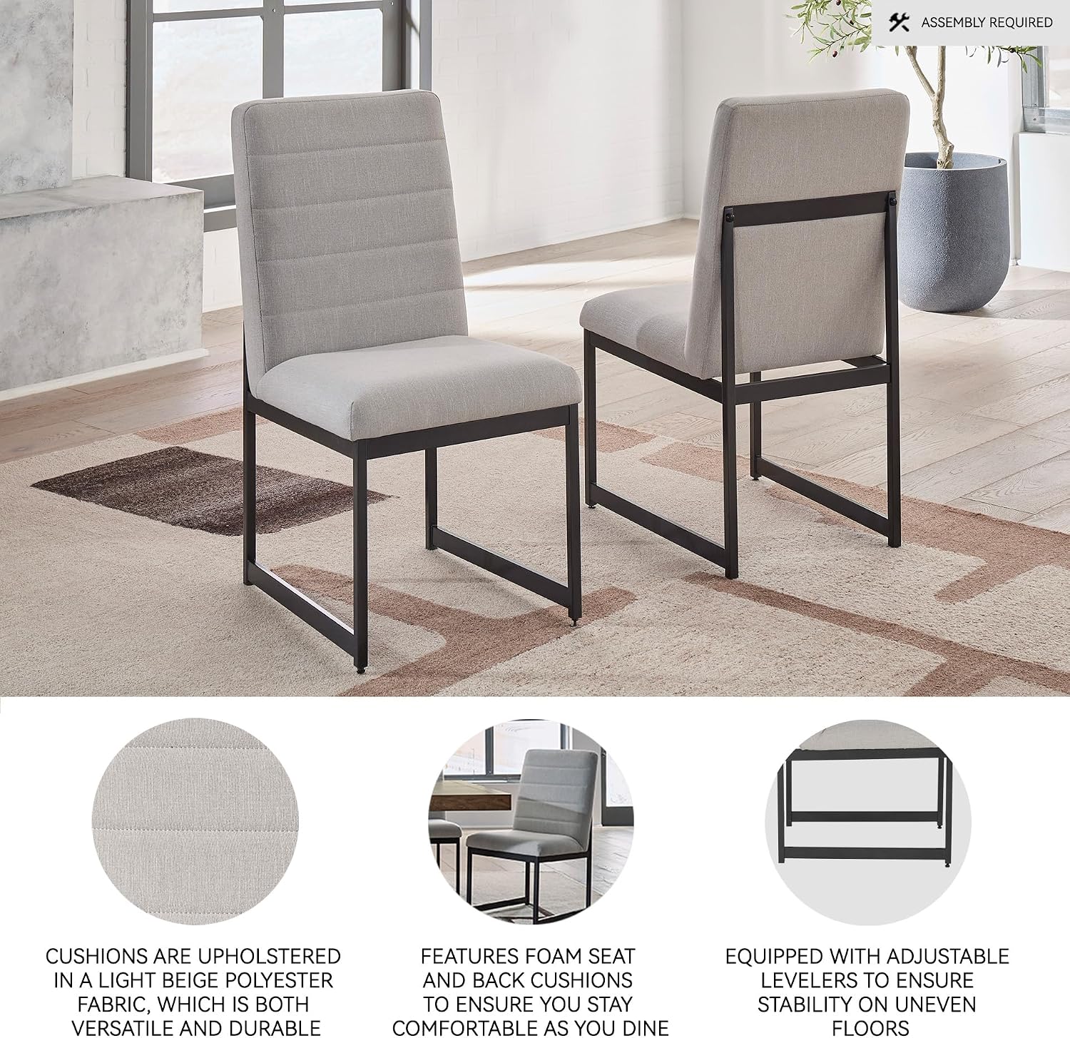 Signature Design by Ashley Tomtyn Dining Chair, Set of 2, Cushioned Polyester Side Chairs with Sturdy Metal Frame, Modern Urban Style for Kitchen or Dining Room, Light Beige & Gunmetal Gray