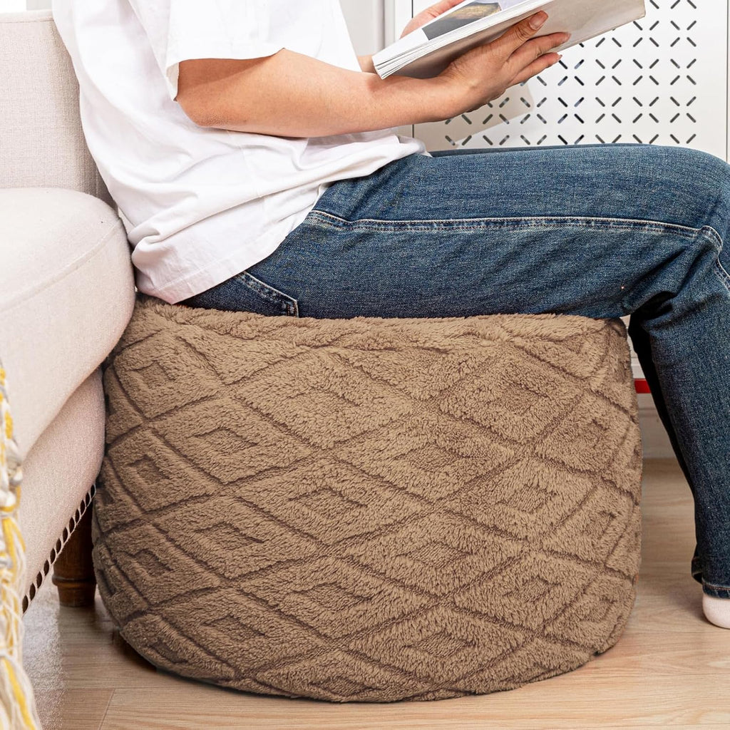Fluffy Round Ottoman Pouf with All-in-One Foam Filling 20" x 14" Furry Ottoman Foot Rest Foot Stool for Living Room or Bedroom (Light Coffee)