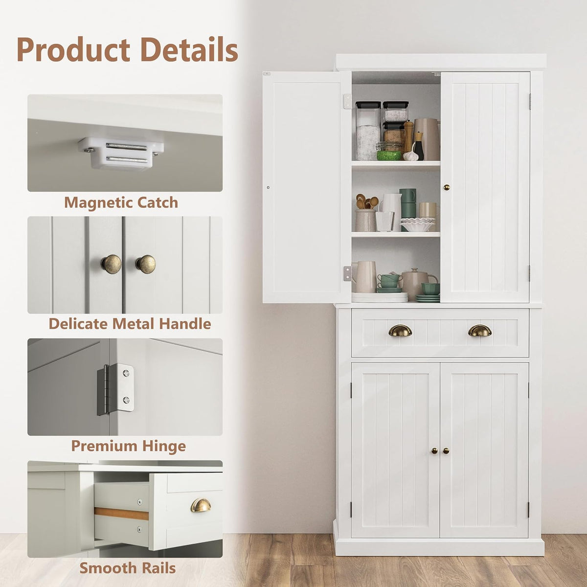 72" Kitchen Pantry,Tall Storage Cabinets with Doors and Shelves,Freestanding Pantry Cabinet for Bathroom,Dining Room and Living Room (Standard White)