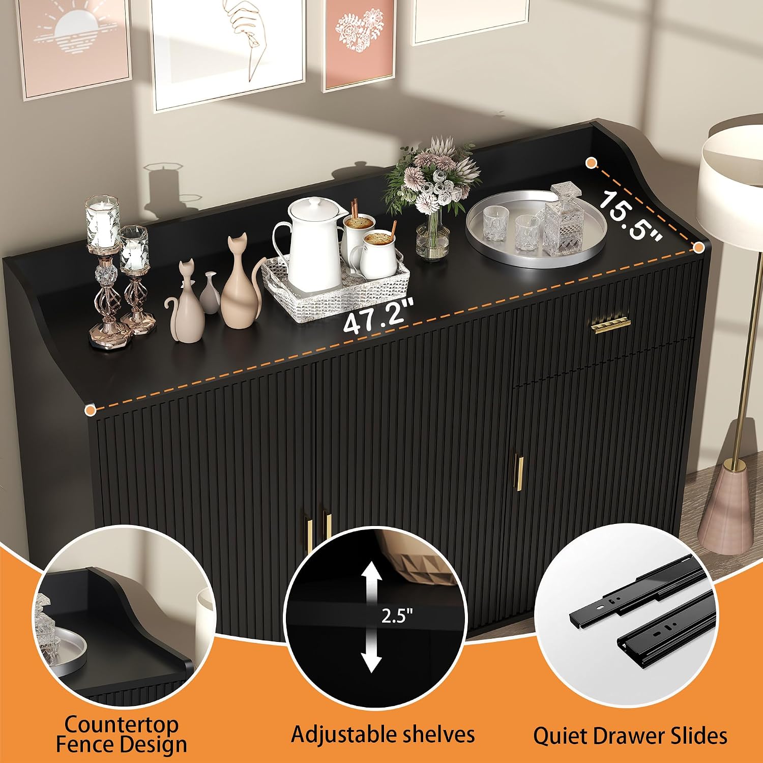 Sideboard Buffet Cabinet with Drawers: 47" Black Fluted Sideboard Cabinet with Storage, Modern Kitchen Cabinets Storage, Credenzas for Living Room (47")