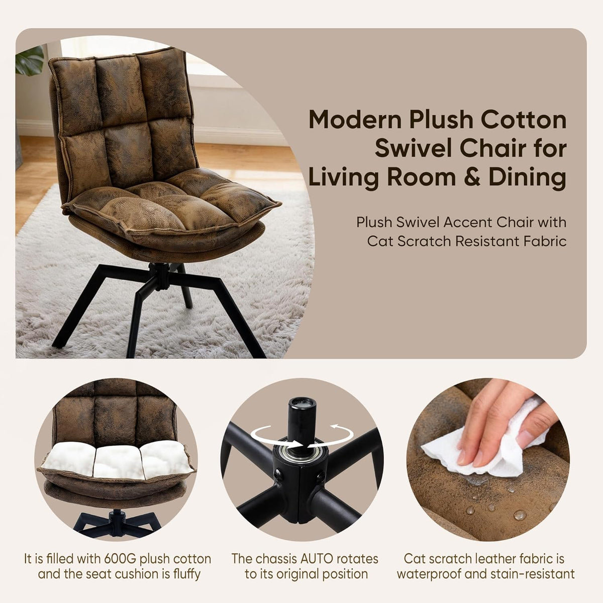 KEEZY Swivel Dining Chairs Set of 2, Mid-Century Modern Chairs with PU Leather, High Back with High-Density Stuffed PP Cotton & Automatic Swivel Metal Legs, Suitable for Kitchen & Living Room（Brown）