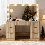 LUXOAK 47" Makeup Vanity Desk with Large Mirror & LED Lights, Oak | Fluted Vanity with 7 Drawers, Glass Top & Charging Station, Dressing Table for Bedroom, Women & Girls