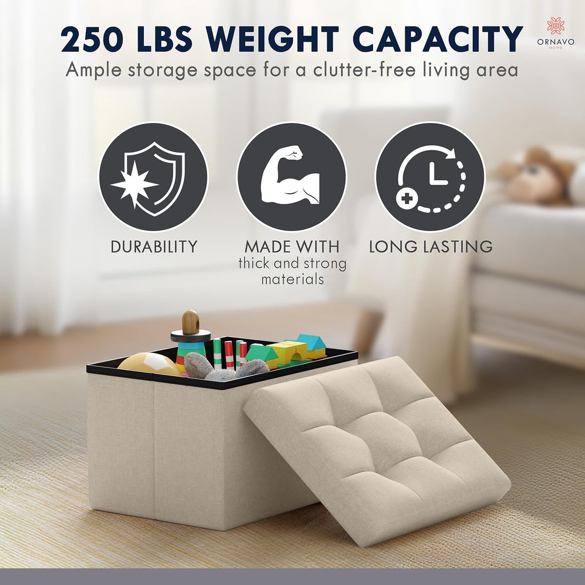Ornavo Home Small Storage Ottoman Foldable Collapsible Rectangle Linen Ottoman Foot Rest Stool Seat, for Living Room, Bedroom, Home Office, Dorm - 12 x 16 x 12, Beige