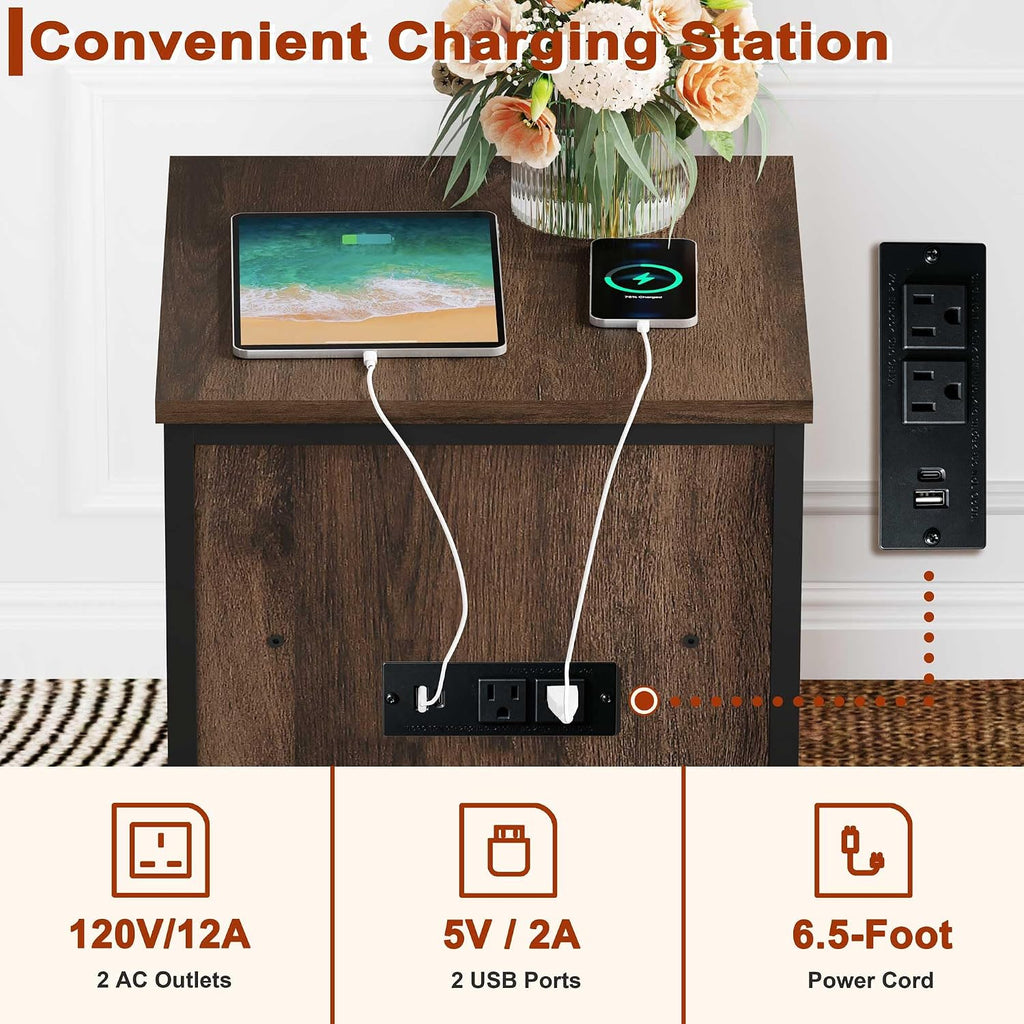 FATORRI End Table with Charging Station, Farmhouse Side Table with Drawer, Rustic Wood and Metal Nightstand and Bedside Tables for Living Room (Rustic Brown)