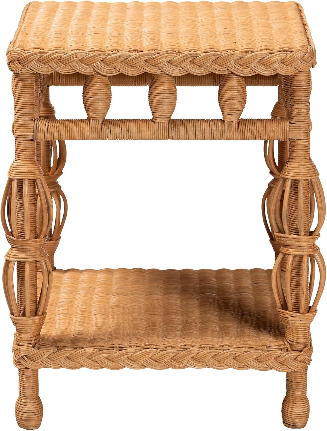 Bali & pari Dolby Natural Rattan End Table - Handwoven Wicker Side Table with Lower Shelf, Coastal Boho Style Accent Table for Living Room or Bedroom