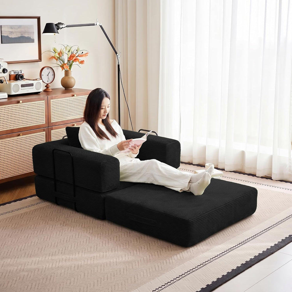 37.4in Convertible Sofa Bed, Corduroy Couch Bed, Futon Sleeper Sofa Pull Out Bed, Foldable Couch for Living Room Apartment, No Assembly Required