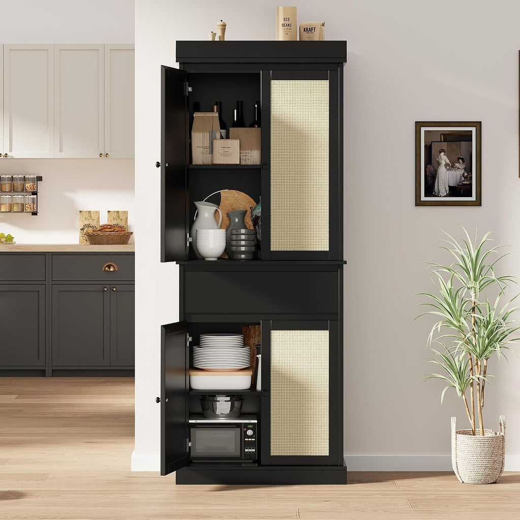 CABIHOME 35.43×16.54×9.45 Inch Entryway Storage Cabinet, MDF+PB+Iron with Rattan Doors & Adjustable Shelves, Freestanding Pantry for Living Room