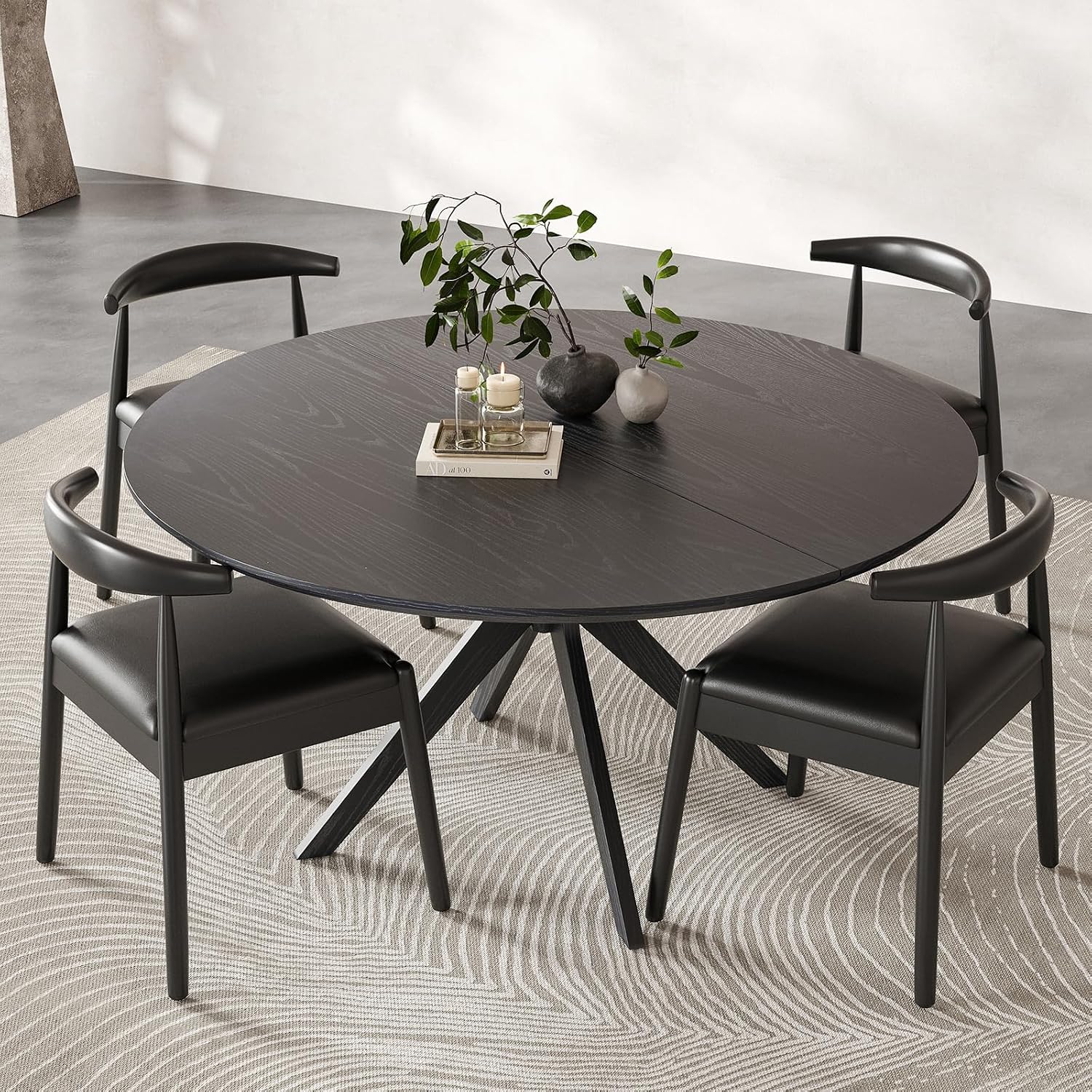 Round Dining Table 47 in for 4 to 6 People, Solid Wood Kitchen Table with Intersecting Pedestal Base and Floor Protection, Modern Round Dining Room Table for Apartment or Nook, Black